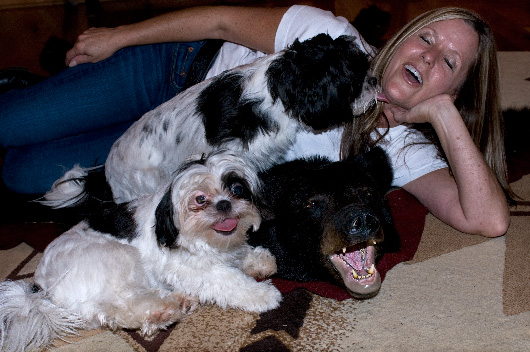 Pam Ranson's pets (with bearskin rug), Liberty, W.Va.