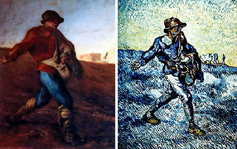 The Sower; painting on the left is by Jean Francois Millet; painting on the right is a copy by Vincent van Gogh