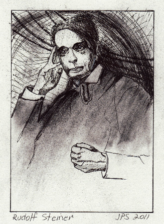 Rudolf Steiner, ink and charcocoal dust, by Joel Preston Smith, based on a photo, circa 1920; photographer unknown; this image does not appear with the published article